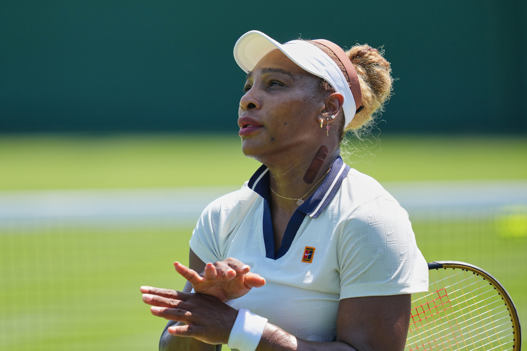 Serena Williams of the United States attends a practice session ahead of the Wimbledon Tennis Championships, in London, Wednesday, June 24, 2026. (AP Photo/Kin Cheung)