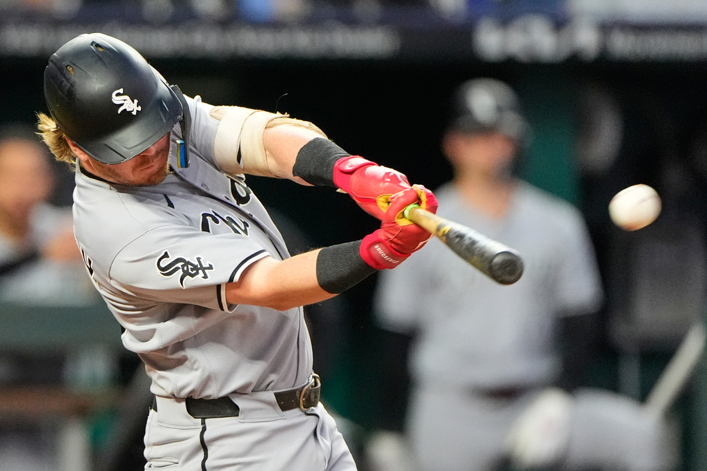 Chicago White Sox's Chase Meidroth hits a three-run home run during the third inning of a baseball game against the Kansas City Royals, Tuesday, Sept. 22, 2026, in Kansas City, Mo. (AP Photo/Charlie Riedel)