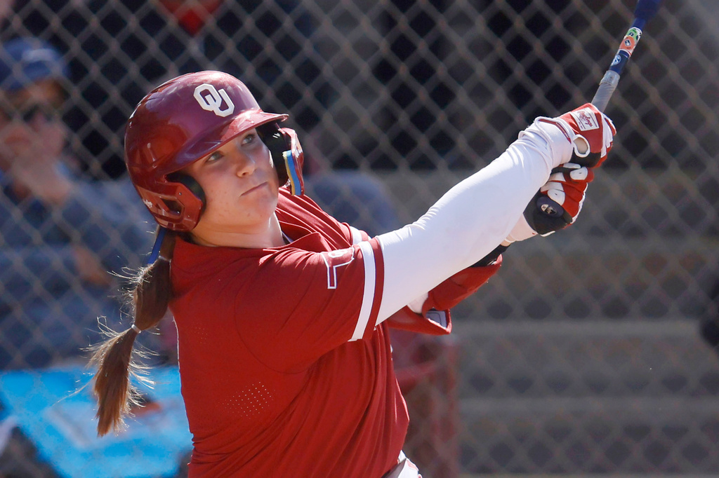 FILE - Oklahoma catcher Kendall Wells (1) during an NCAA softball game against Duke on Friday, Feb. 20, 2026, in Cathedral City, Calif. (AP Photo/Mike Buscher, FIle)