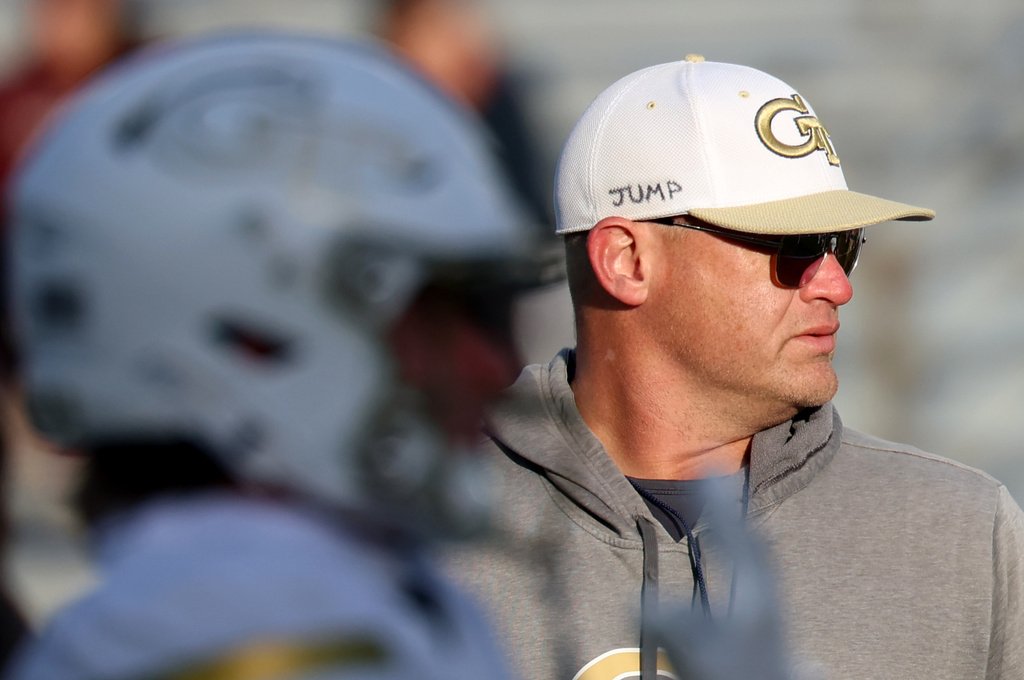 FILE - Georgia Tech head coach Brent Key watches during warm-ups before an NCAA college football game against Boston College in Boston, Nov. 15, 2025. (AP Photo/Mark Stockwell, File)