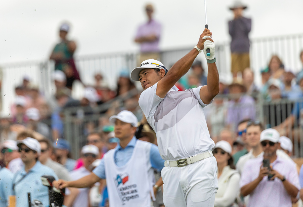 Hideki Matsuyama watches his drive during the second round of the Valero Texas Open golf tournament in San Antonio, Friday, April 3, 2026. (Andrew J. Whitaker/The San Antonio Express-News via AP)