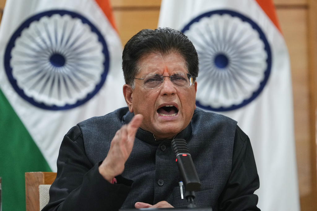 Indian Minister of Commerce and Industry Piyush Goyal makes a press statement on the completion of India-US tariff in New Delhi, India, Tuesday, Feb. 3, 2026. (AP Photo/Manish Swarup)