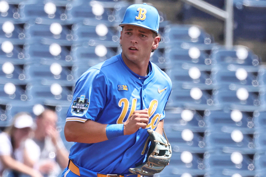FILE - UCLA infielder Roch Cholowsky (1) during an NCAA College World Series baseball game, June 14, 2025 in Omaha, Neb. (AP Photo/Cory Eads, file)