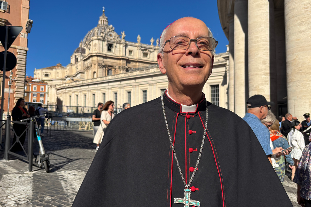 Bishop of El Paso Mark Joseph Seitz talks with the Associated Press about the situation at the US border with Mexico during an interview at the Vatican, Wednesday, Oct. 8, 2025. (AP Photo/Silvia Stellacci)