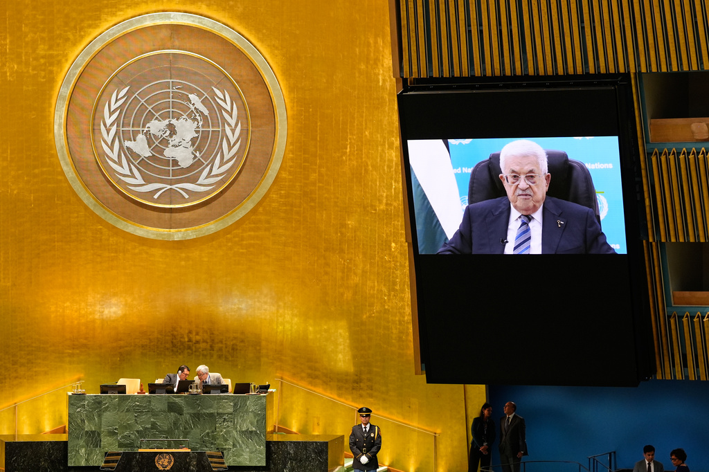 Palestinian President Mahmoud Abbas speaks via pre-recorded video after being denied a visa to attend in person during the 81st session of the United Nations General Assembly at United Nations headquarters, Thursday, Sept. 24, 2026. (AP Photo/Seth Wenig)
