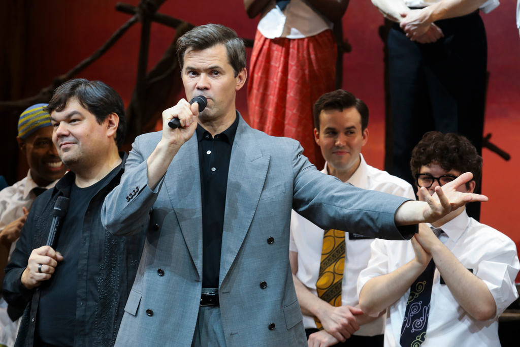 Andrew Rannells participates in "The Book of Mormon" 15th anniversary special performance curtain call at The Eugene O'Neill Theatre on Thursday, March 19, 2026, in New York. (Photo by Andy Kropa/Invision/AP)
