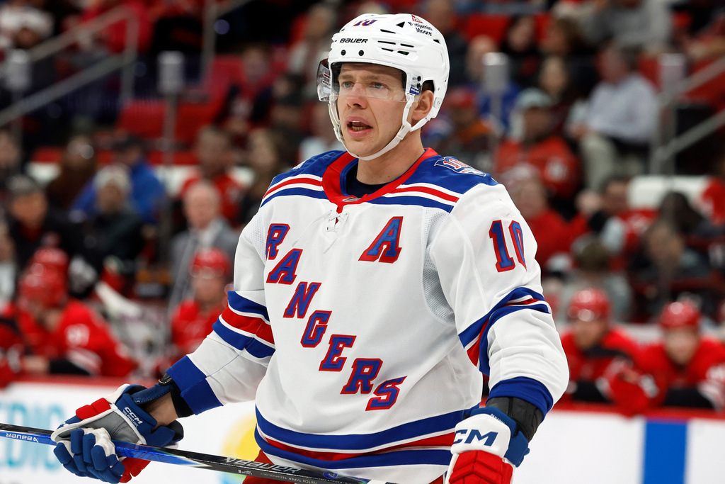 FILE - New York Rangers' Artemi Panarin (10) waits for a face-off during the first period of an NHL hockey game against the Carolina Hurricanes in Raleigh, N.C., Dec. 29, 2025. (AP Photo/Karl DeBlaker, File)