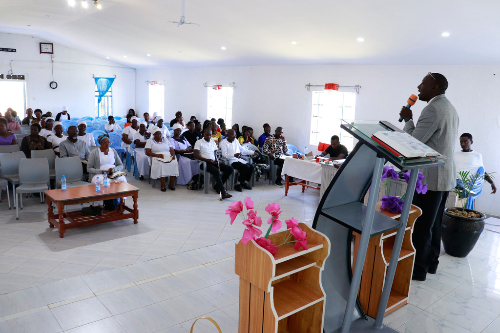 Senior Pastor Kennedy Shiverenje of Friends Church Cheptulu delivers a sermon during mass in Kaimosi, Kenya, Sunday, Sept. 20, 2026. (AP Photo/Jackson Njehia)