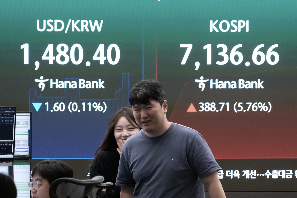 Currency traders walk by a screen showing the Korea Composite Stock Price Index (KOSPI) and the foreign exchange rate between U.S. dollar and South Korean won at the foreign exchange dealing room of the Hana Bank headquarters in Seoul, South Korea, Wednesday, July 22, 2026. (AP Photo/Ahn Young-joon)