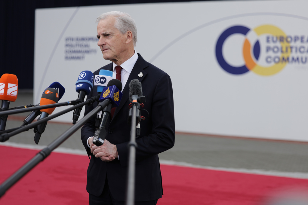 Norway's Prime Minister Jonas Gahr Store speaks with the media as he arrives for a meeting of the European Political Community in Yerevan, Armenia, Monday, May 4, 2026. (AP Photo/Anthony Pizzoferrato)