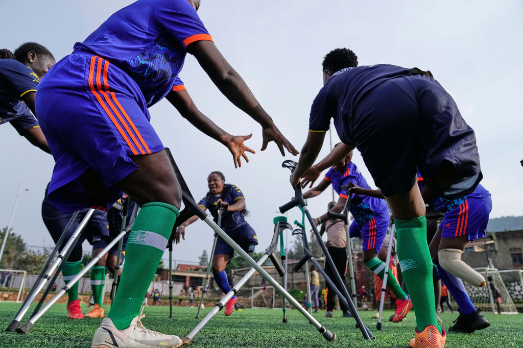 Soccer players on the Rwanda Amputee team take part in a training session in Kigali, Rwanda, on Friday, March 20, 2026. (AP Photo/Brian Inganga)