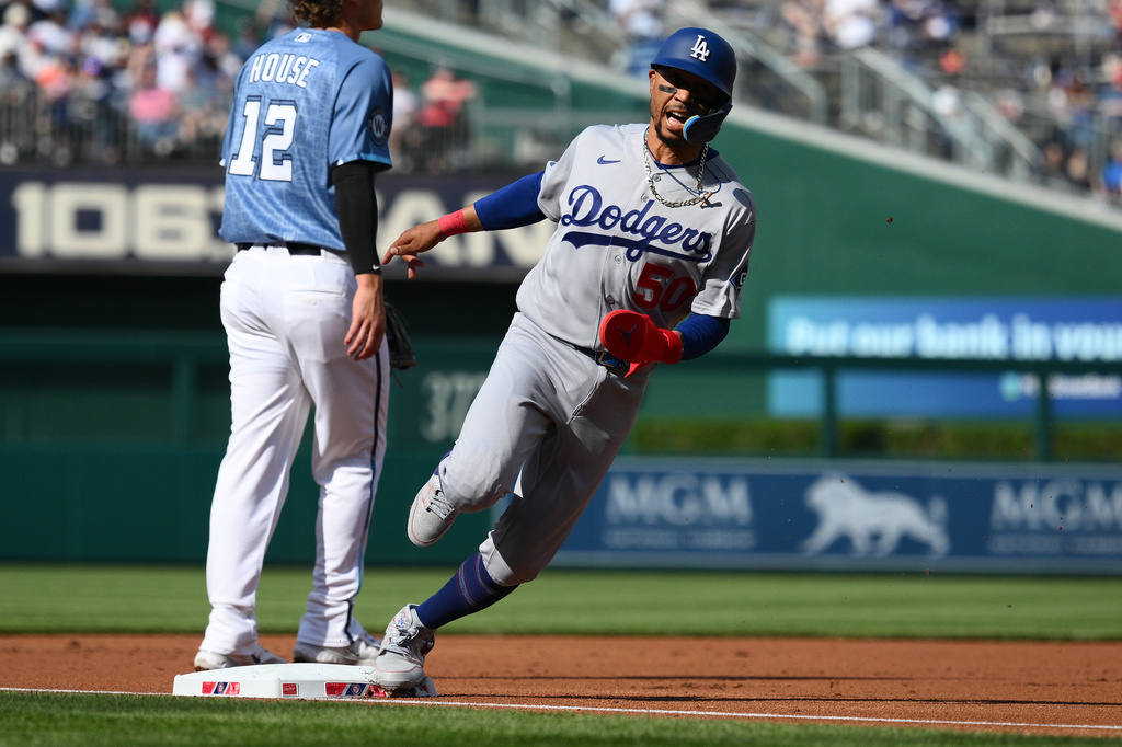 FILE - Los Angeles Dodgers' Mookie Betts in action during a baseball game against the Washington Nationals, April 4, 2026, in Washington. (AP Photo/Nick Wass, File)