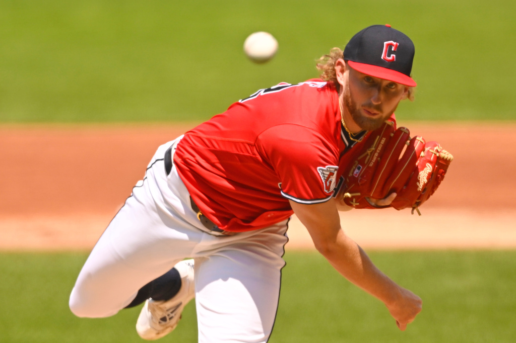 Cleveland Guardians pitcher Tanner Bibee delivers in the first inning of a baseball game against the Houston Astros in Cleveland, Wednesday, April 22, 2026. (AP Photo/David Richard)