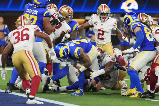 Los Angeles Rams running back Kyren Williams, middle, fumbles the ball, which was recovered by San Francisco 49ers defensive tackle Alfred Collins, bottom middle right, during the second half of an NFL football game, Thursday, Oct. 2, 2025, in Inglewood, Calif. (AP Photo/Marcio Jose Sanchez) Los Angeles Rams running back Kyren Williams, middle, fumbles the ball, which was recovered by San Francisco 49ers defensive tackle Alfred Collins, bottom middle right, during the second half of an NFL football game, Thursday, Oct. 2, 2025, in Inglewood, Calif. (AP Photo/Marcio Jose Sanchez)