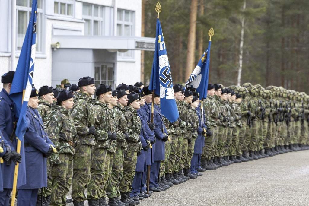 FILE - Flags of Finnish Air Forces are seen during a parade in Jyvaskyla, Finland in November 2024. (Tommi Anttonen/Lehtikuva via AP, File)