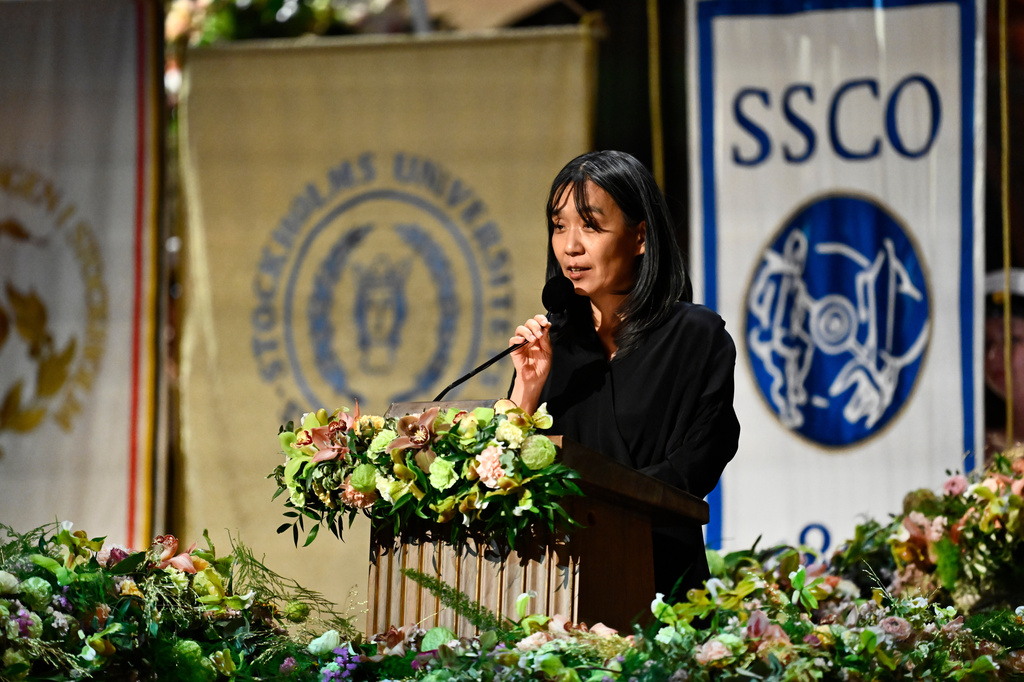 FILE - Nobel laureate in literature Han Kang speaks during the Nobel Banquet in City Hall in Stockholm, Dec. 10, 2024. (Christine Olsson/TT News Agency via AP, File)