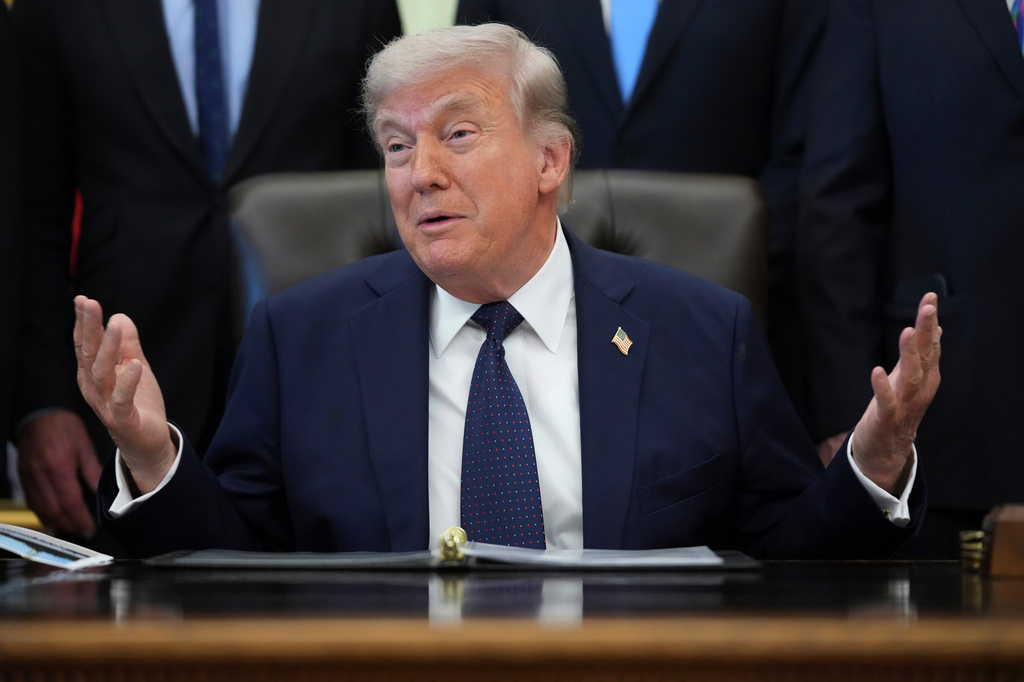 President Donald Trump speaks during an event on health care affordability in the Oval Office at the White House, Thursday, April 23, 2026, in Washington. (AP Photo/Mark Schiefelbein)