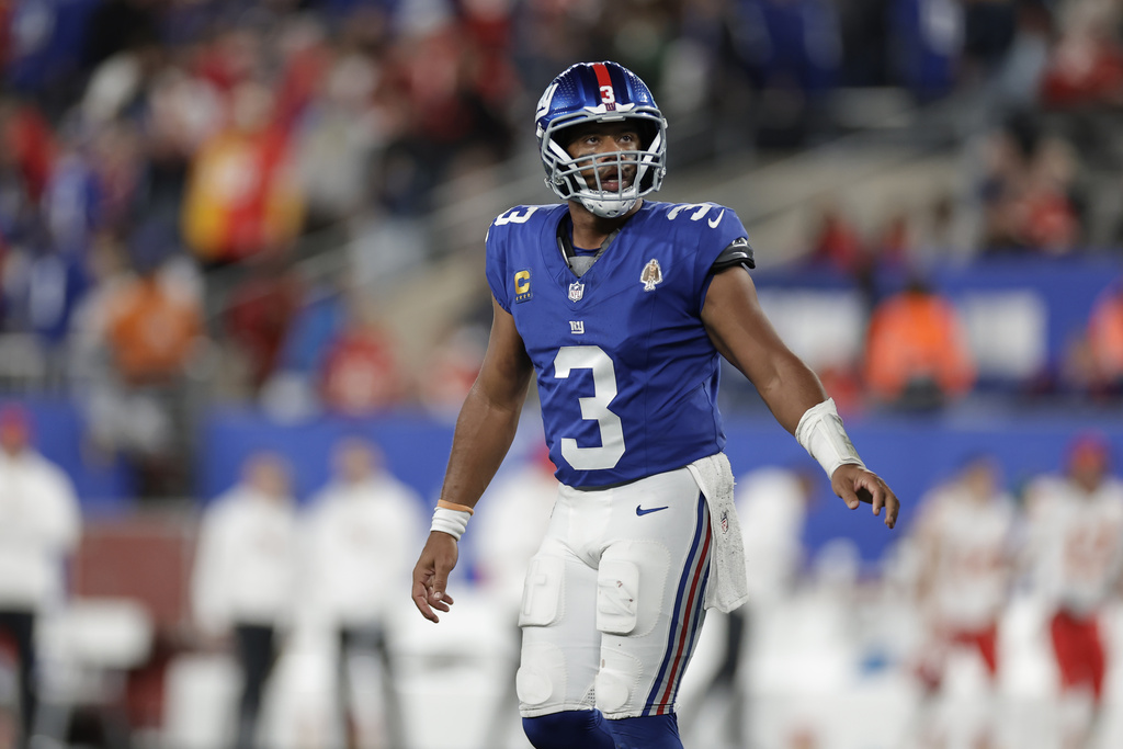 New York Giants quarterback Russell Wilson is seen after throwing an incomplete pass on fourth down during the second half of an NFL football game against the Kansas City Chiefs Sunday, Sept. 21, 2025, in East Rutherford, N.J. (AP Photo/Adam Hunger)