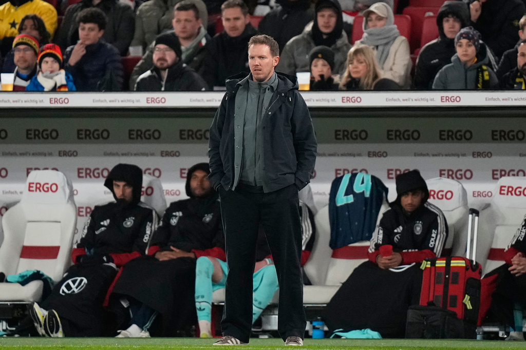 Head coach Julian Nagelsmann of Germany reacts during an international friendly soccer match between Germany and Ghana in Stuttgart, Germany, Monday, March 30, 2026. (AP Photo/Matthias Schrader)