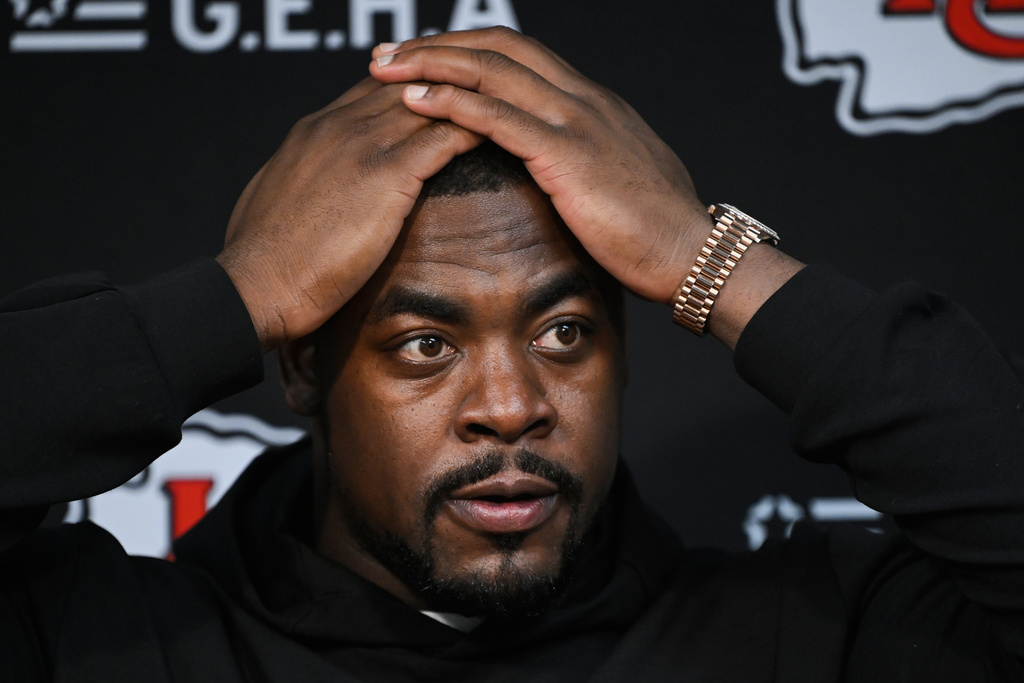 Kansas City Chiefs defensive tackle Chris Jones speaks to the media after an NFL football game against the Tennessee Titans, Sunday, Dec. 21, 2025, in Nashville, Tenn. (AP Photo/John Amis)