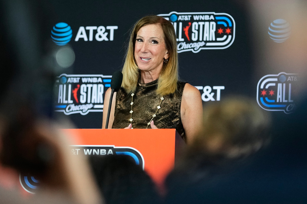WNBA Commissioner Cathy Engelbert smiles as she talks to media at a news conference before a WNBA All-Star basketball game between Team Coop and Team Spoon in Chicago, Saturday, July 25, 2026. (AP Photo/Nam Y. Huh)
