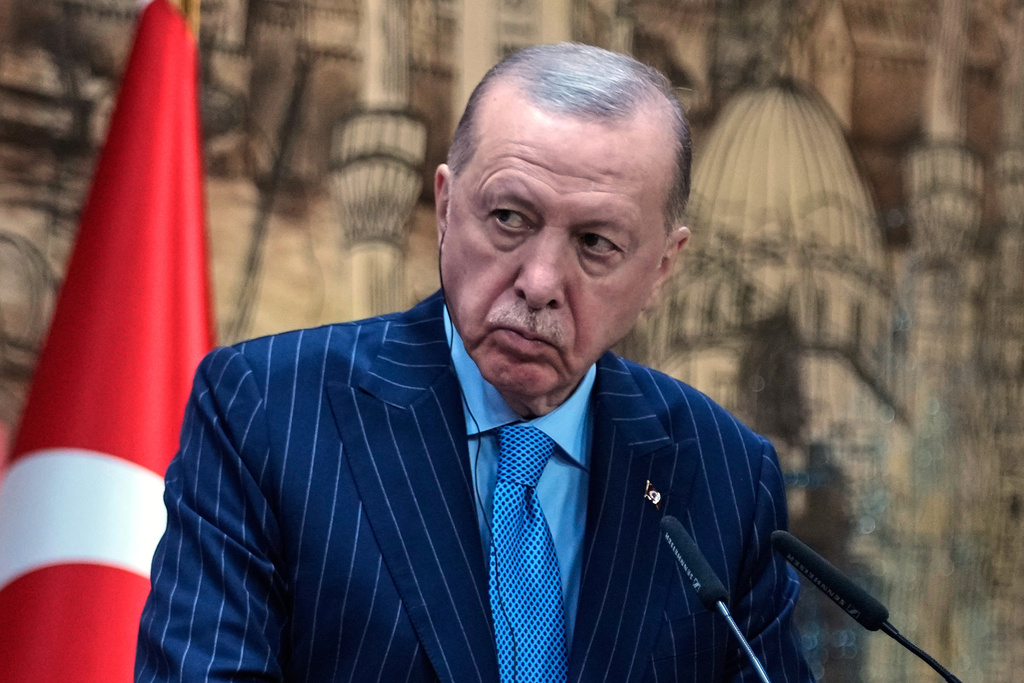 FILE - Turkey's President Recep Tayyip Erdogan listens as Somalia's President Hassan Sheikh Mohamud speaks during a joint news conference in Istanbul, Turkey, on Dec. 30, 2025. (AP Photo/Khalil Hamra, File)