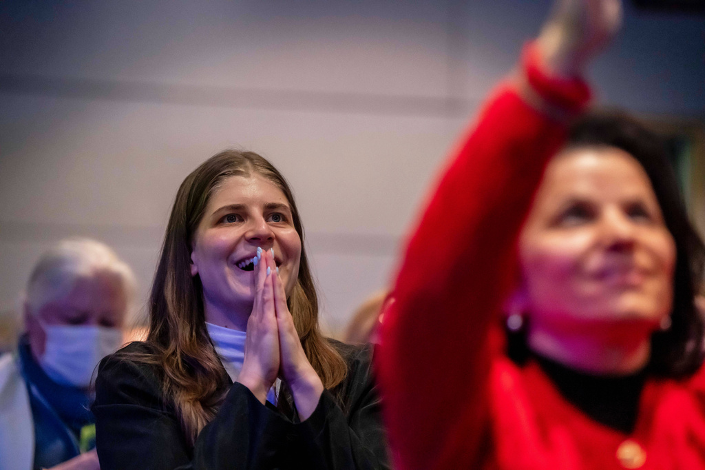 Employees of the Canadian Space Agency react during the successful launch of the Artemis II moon mission, at the Canadian Space Agency, in Longueuil, Quebec, on Wednesday, April 1, 2026. (Christopher Katsarov/The Canadian Press via AP)