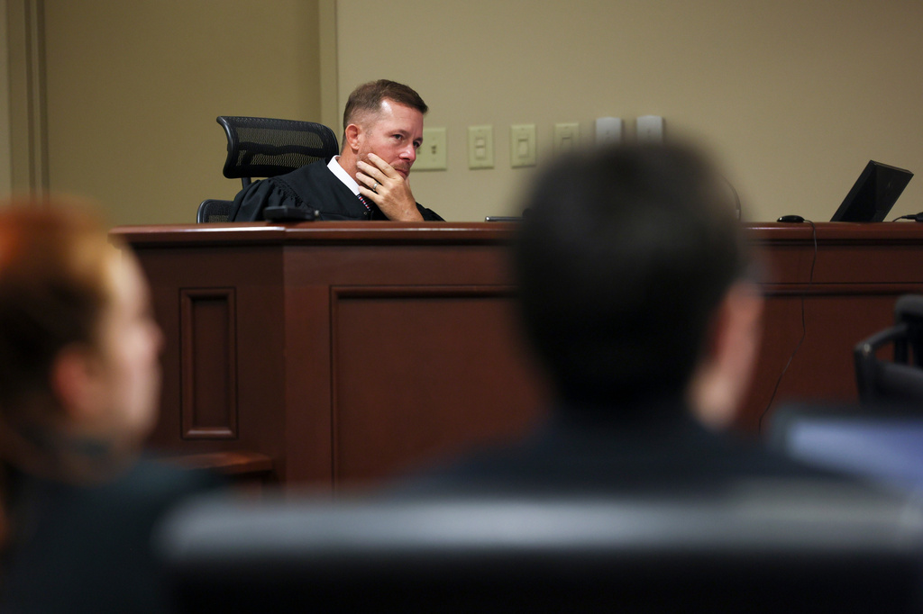 Judge Nicholas Primm reacts during the sentencing for Colt Gray, right, the 16-year-old Apalachee High School shooting suspect, at Barrow County Superior Court, Monday, July 27, 2026, in Winder, Ga. (Jason Getz/Atlanta Journal-Constitution via AP)