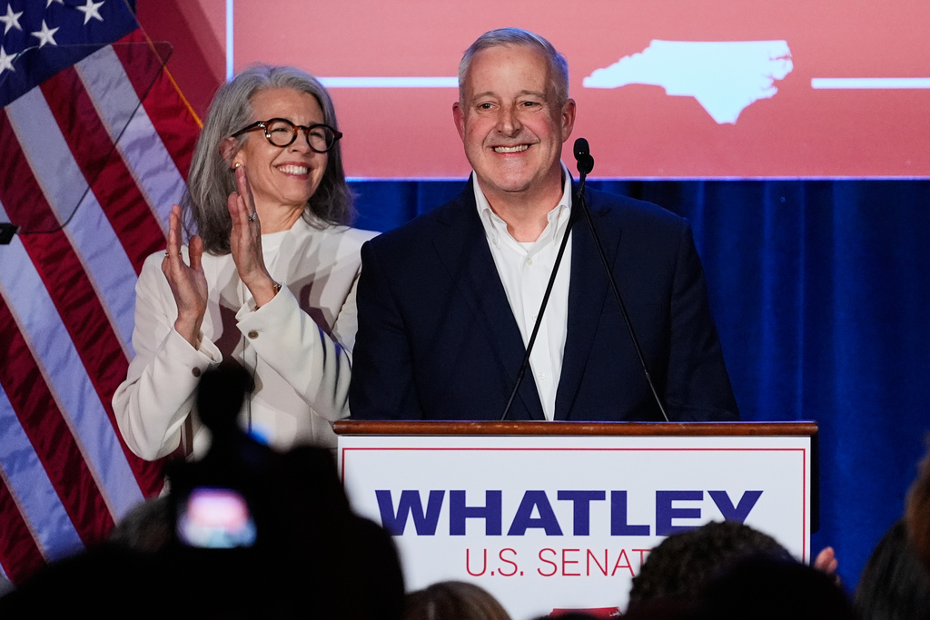 North Carolina Republican Senate candidate former RNC Chairman Michael Whatley speaks at a primary election night watch party Tuesday, March 3, 2026, in Charlotte, N.C. (AP Photo/Erik Verduzco)