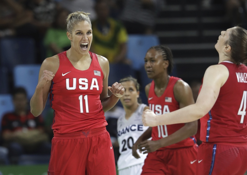 FILE - United States' Elena Delle Donne (11) celebrates a score against France during a women's semifinal round basketball game at the 2016 Summer Olympics in Rio de Janeiro, Brazil, Thursday, Aug. 18, 2016. (AP Photo/Eric Gay, File)