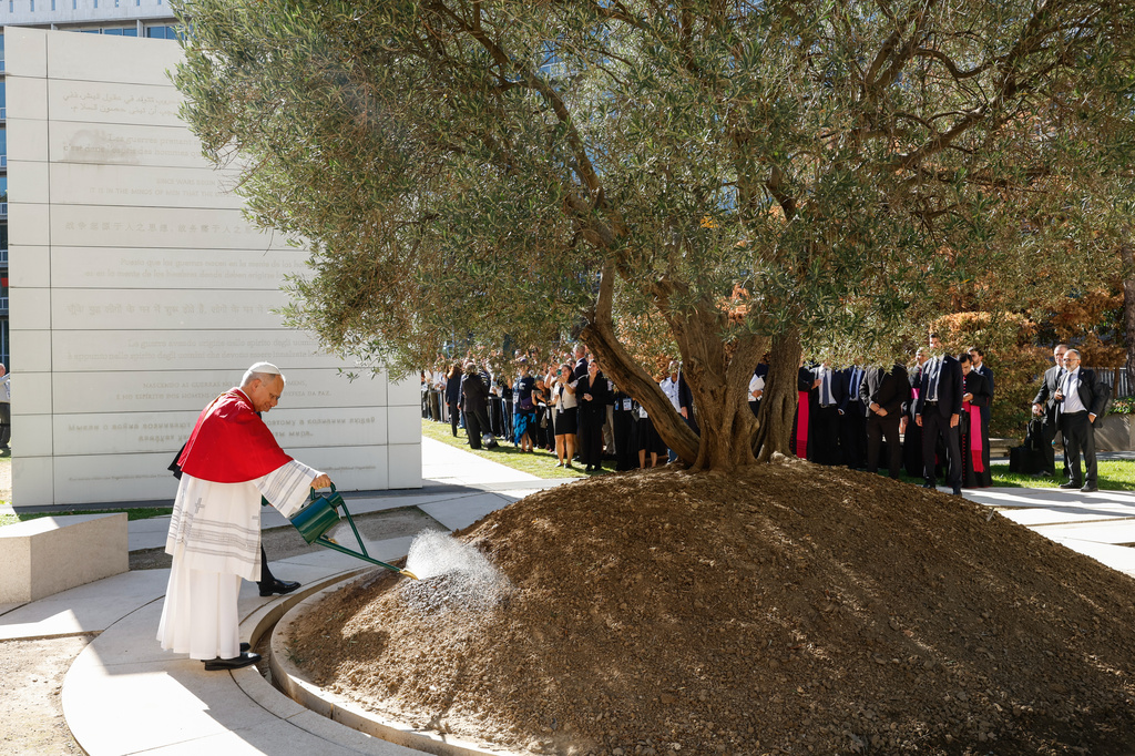 Pope Leo waters a olive tree alongside UNESCO Director-General Khaled El-Enany as he visits the headquarters of the United Nations Educational, Scientific and Cultural Organization (UNESCO) in Paris, Sept. 25, 2026. (Remo Casilli/ Pool Photo via AP)