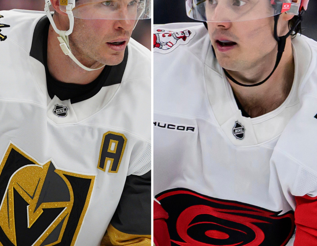 This photo combination shows Vegas Golden Knights' Brayden McNabb, left, Dec. 11, 2025, in Philadelphia and Carolina Hurricanes' Sebastian Aho, April 11, 2026, in Salt Lake City. (AP Photo/Derik Hamilton, Tyler Tate)