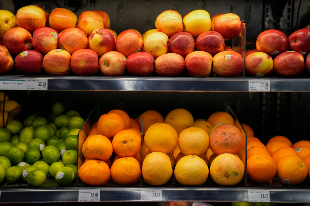 Produce, which is covered by the USDA Supplemental Nutrition Assistance Program (SNAP), is displayed for sale at Wild Onion Market, Monday, Oct. 27, 2025, in Chicago. (AP Photo/Erin Hooley)