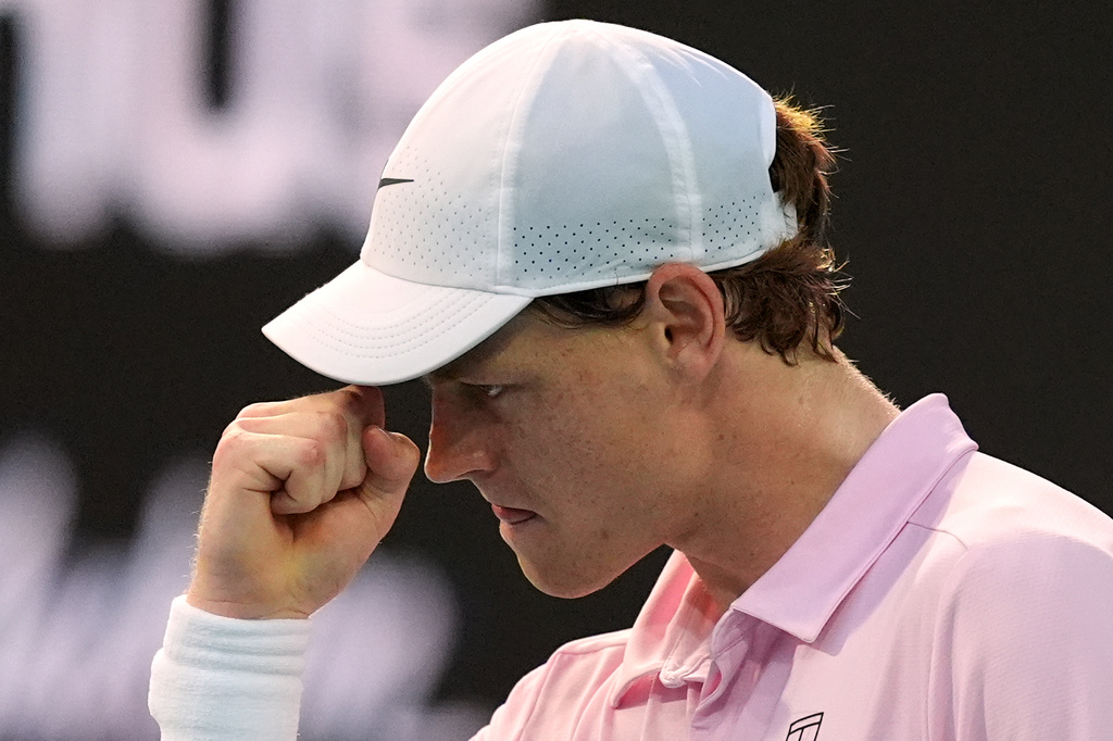 Jannik Sinner of Italy celebrates after winning a point against Jiri Lehecka of the Czech Republic in the men's singles final at the Miami Open tennis tournament, Sunday, March 29, 2026, in Miami Gardens, Fla. (AP Photo/Rebecca Blackwell)
