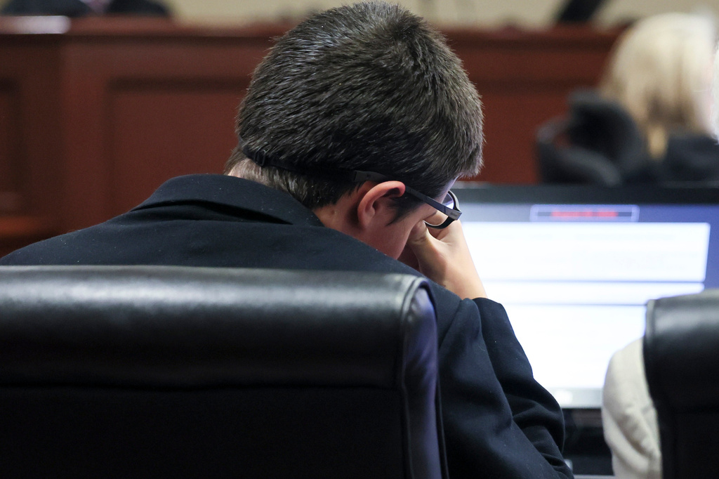 Colt Gray, the 16-year-old Apalachee High School shooting suspect, reacts during his sentencing at Barrow County Superior Court, Monday, July 27, 2026, in Winder, Ga. (Jason Getz/Atlanta Journal-Constitution via AP)