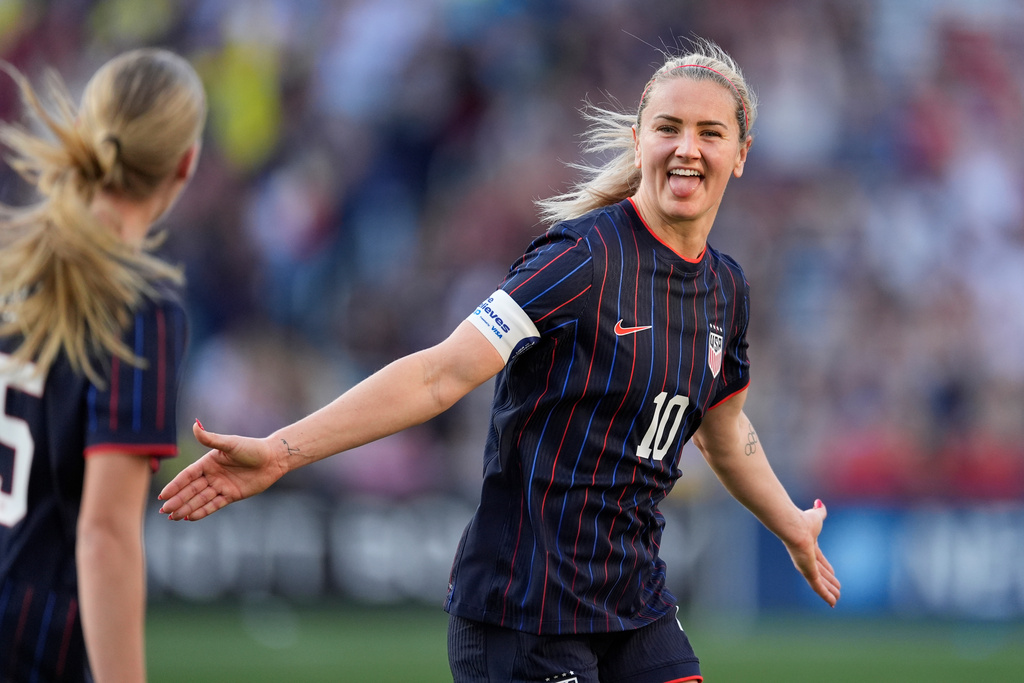 United States midfielder Lindsey Heaps (10) celebrates her goal during the first half of a SheBelieves Cup women's soccer tournament match against Argentina, Sunday, March 1, 2026, in Nashville, Tenn. (AP Photo/George Walker IV)