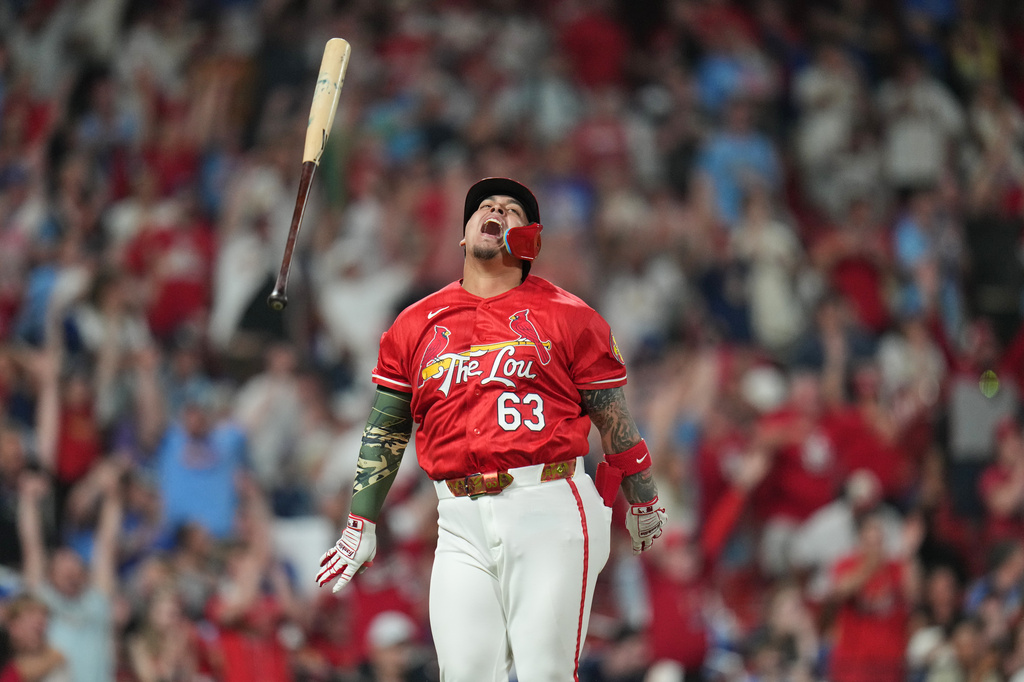 St. Louis Cardinals' Yohel Pozo celebrates after hitting a walk-off single to defeat the Kansas City Royals during the 11th inning of a baseball game Friday, May 15, 2026, in St. Louis. (AP Photo/Jeff Roberson)