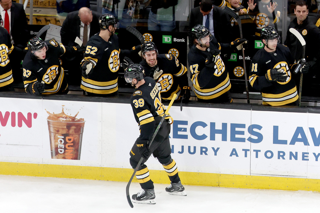 Boston Bruins center Morgan Geekie (39) celebrates his goal during the third period of an NHL hockey game against the New York Islanders, Tuesday, Oct. 28, 2025, in Boston. (AP Photo/Mark Stockwell)