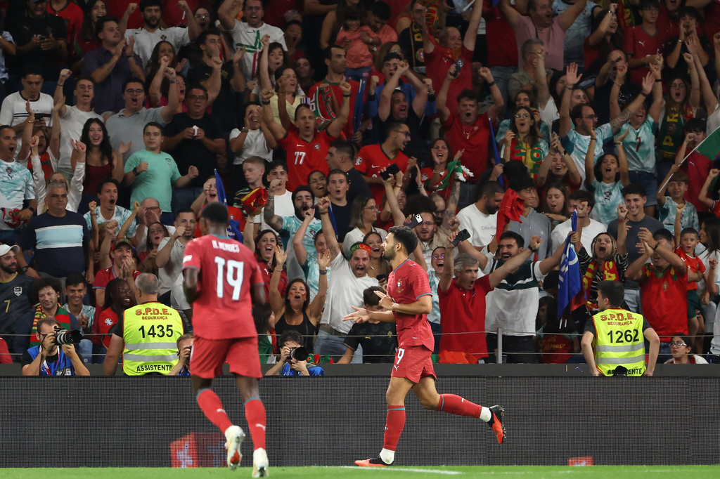Portugal's Goncalo Ramos celebrates after scoring his side's second goal during the Nations League soccer match between Portugal and Norway in Porto, Portugal, Sunday, Oct. 4, 2026. (AP Photo/Luis Vieira)