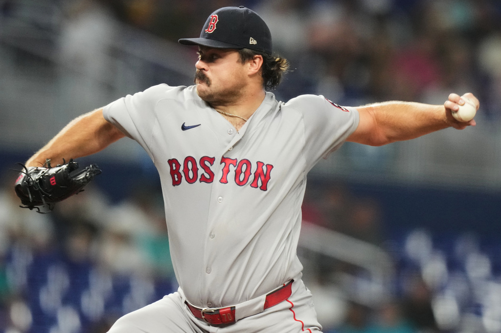 Boston Red Sox starting pitcher Payton Tolle throws during the first inning of a baseball game against the Miami Marlins, Tuesday, Aug. 25, 2026, in Miami. (AP Photo/Lynne Sladky)