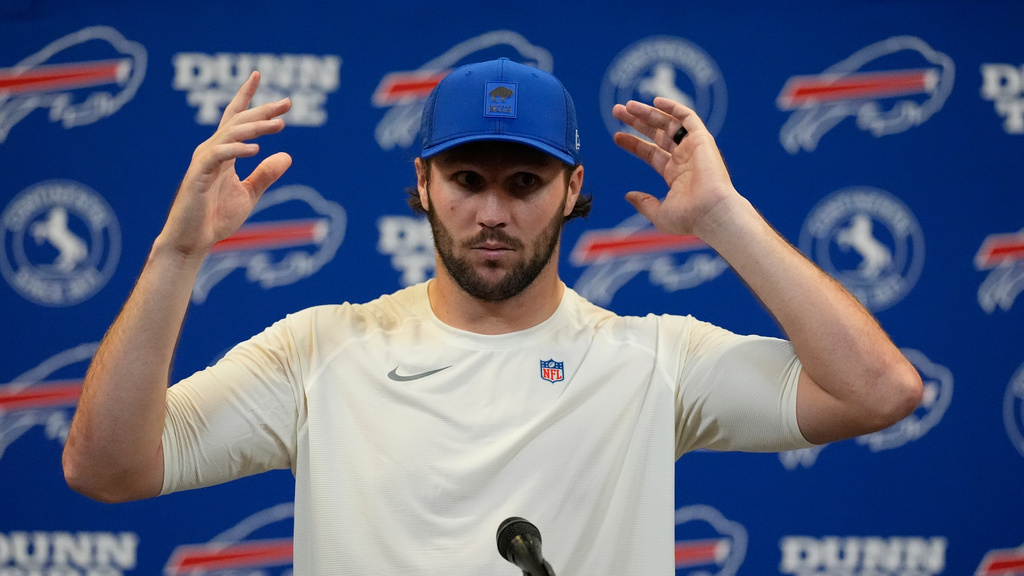 Buffalo Bills quarterback Josh Allen speaks during a news conference after an NFL football game between the Atlanta Falcons and the Buffalo Bills, Monday, Oct. 13, 2025, in Atlanta. (AP Photo/Mike Stewart)