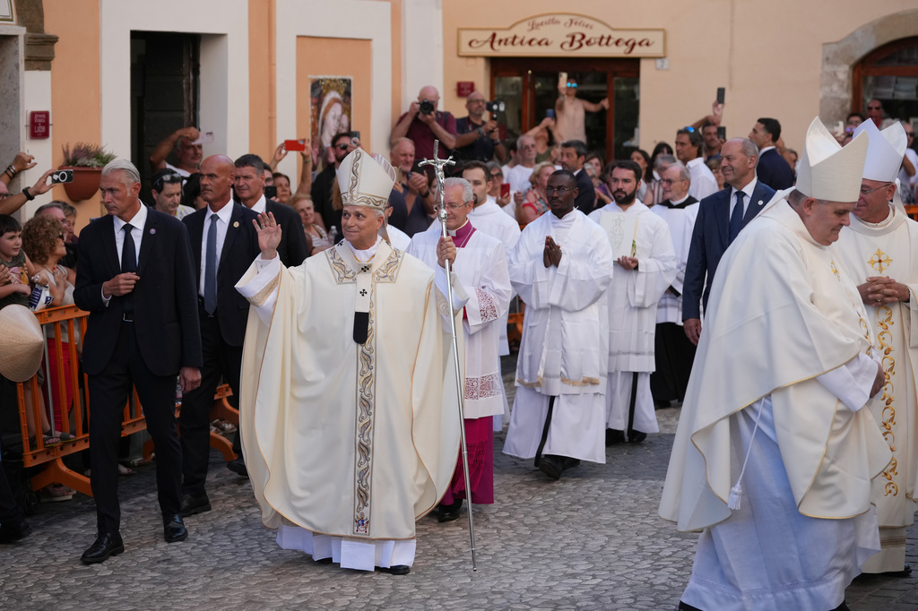 Pope Leo XIV arrives to celebrate a mass at the Basilica Sanctuary of the Mother of Good Counsel in Genazzano, central Italy, Monday, Sept. 7, 2026. (AP Photo/Andrew Medichini)