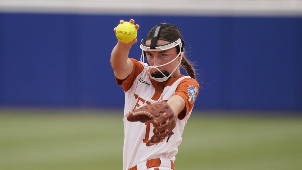 FILE - Texas' Teagan Kavan throws during a softball game at the NCAA Women's College World Series, Thursday, May 28, 2026 in Oklahoma City. (AP Photo/Vera Nieuwenhuis, File)
