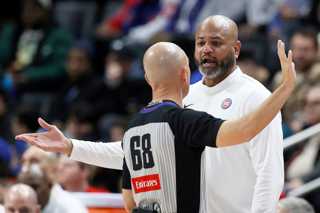 Detroit Pistons head coach J.B. Bickerstaff argues with NBA official Jacyn Goble during the first half of an NBA basketball game against the Denver Nuggets, Tuesday, Feb. 3, 2026, in Detroit. (AP Photo/Duane Burleson)