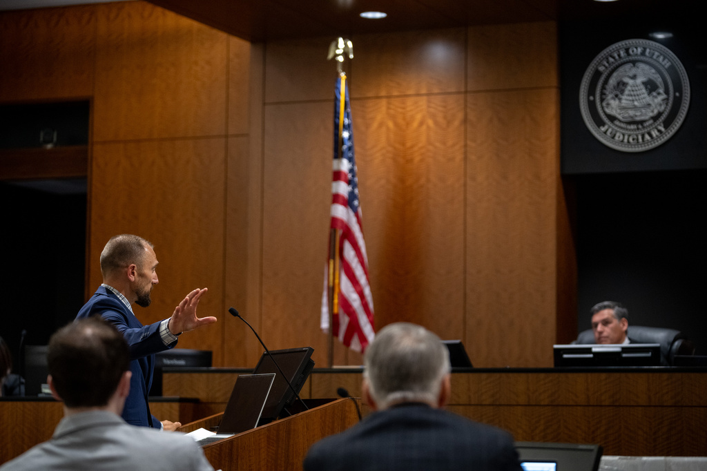 Deputy Utah County Attorney Ryan McBride speaks during a preliminary hearing in Fourth District Court for Tyler Robinson, who is accused of fatally shooting Charlie Kirk, in Provo, Utah, on Tuesday, July 7, 2026. (Trent Nelson/The Salt Lake Tribune via AP, Pool)