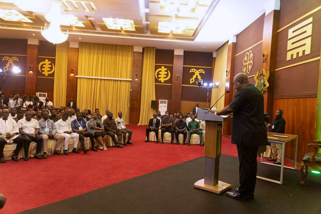 Ghana's President John Mahama speaks to the media at the Jubilee House in Accra, Ghana, Wednesday, Sept. 10, 2025. (Ghana Presidency via AP)