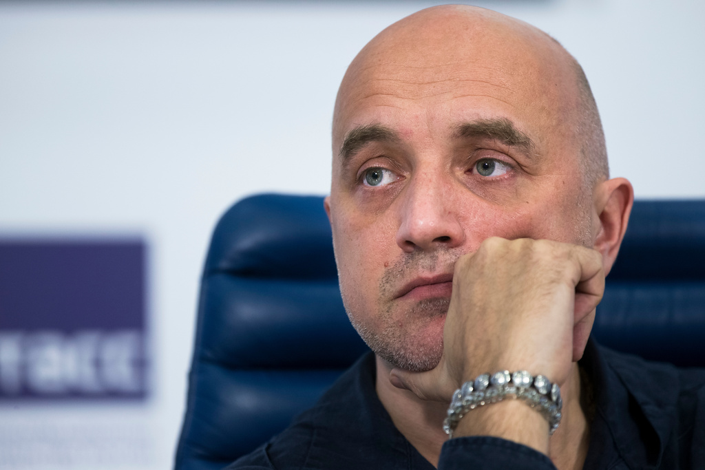 FILE - Russian writer Zakhar Prilepin attends a news conference in Moscow, Russia, on Feb. 21, 2017. (AP Photo/Alexander Zemlianichenko, File)