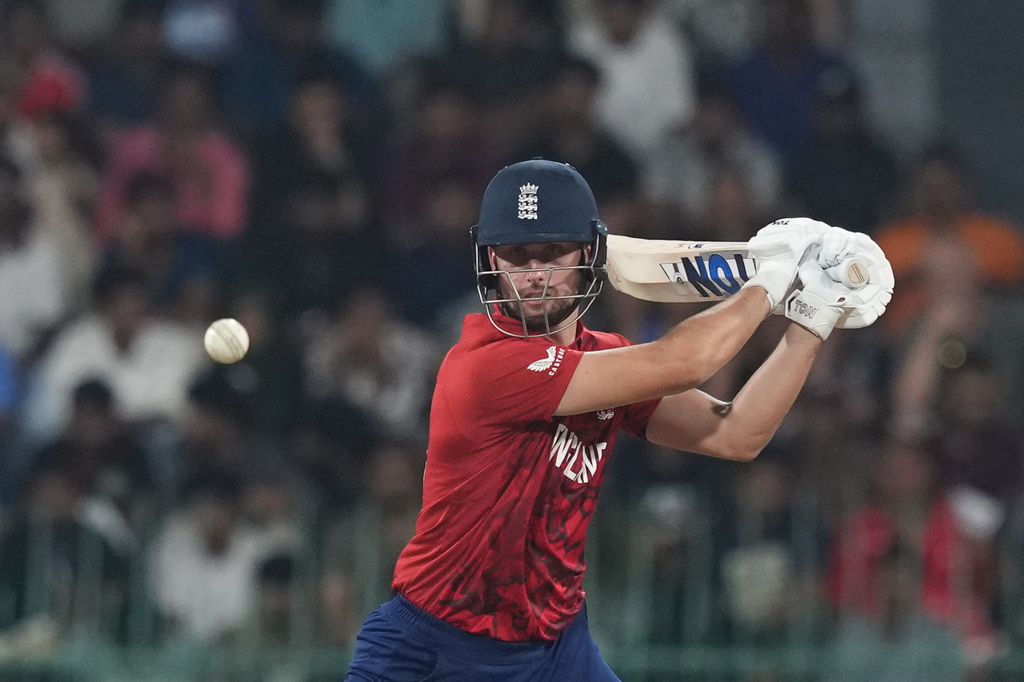 England's Will Jacks plays a shot during the T20 World Cup cricket match between England and New Zealand in Colombo, Sri Lanka, Friday, Feb. 27, 2026. (AP Photo/Eranga Jayawardena)