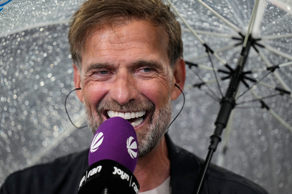 Head coach of the German national soccer team Juergen Klopp talks to media before the Bundesliga soccer match between Bayern Munich and VfB Stuttgart in Munich, Germany, Friday, Aug. 28, 2026. (AP Photo/Matthias Schrader)