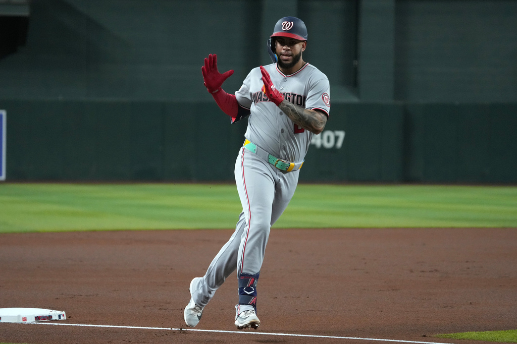 Washington Nationals' Luis García Jr. reacts after hitting a two-run home run against the Arizona Diamondbacks in the first inning of a baseball game, Friday, June 5, 2026, in Phoenix. (AP Photo/Rick Scuteri)